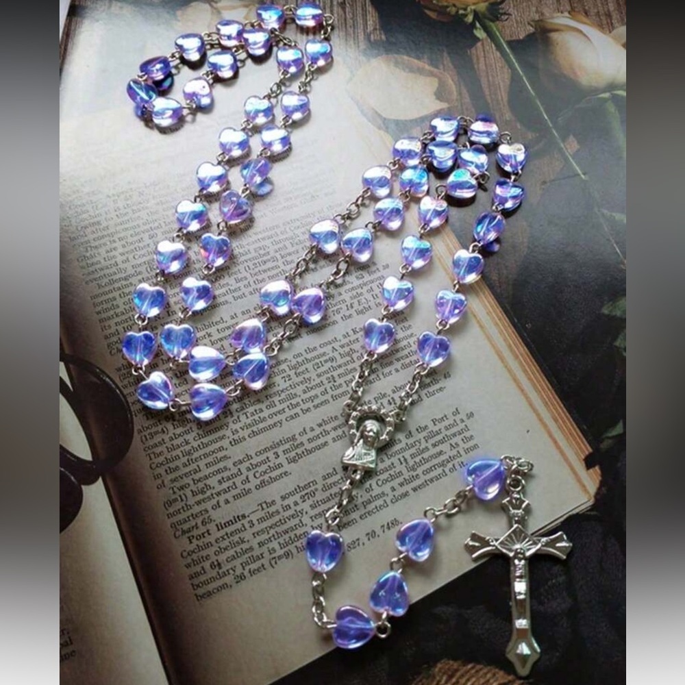 Elegant Purple Heart Rosary Necklace, Cross Necklace Rosary